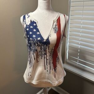 Americana waffle knit Sleeveless Top - White with Red and Blue Accents